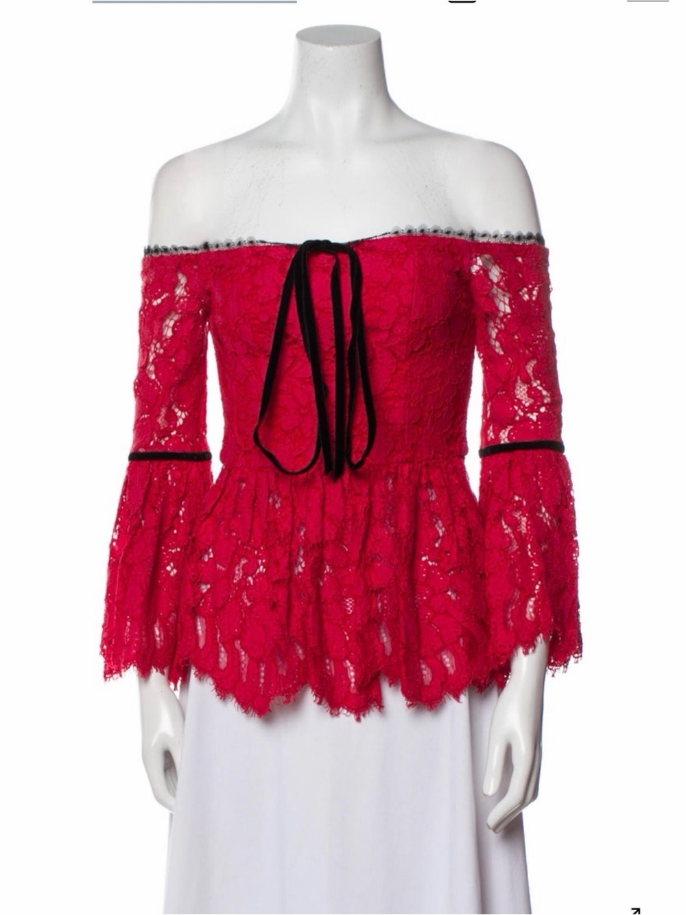ALEXIS-Off-Shoulder Red Lace Peplum Top with Black Tie
